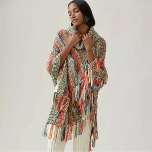 Anthropologie Chunky Knit Fringe Poncho Cowl Neck Boho Oversized One Size NWT